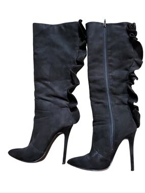 Black Ruffled Knee-High Stiletto Boots